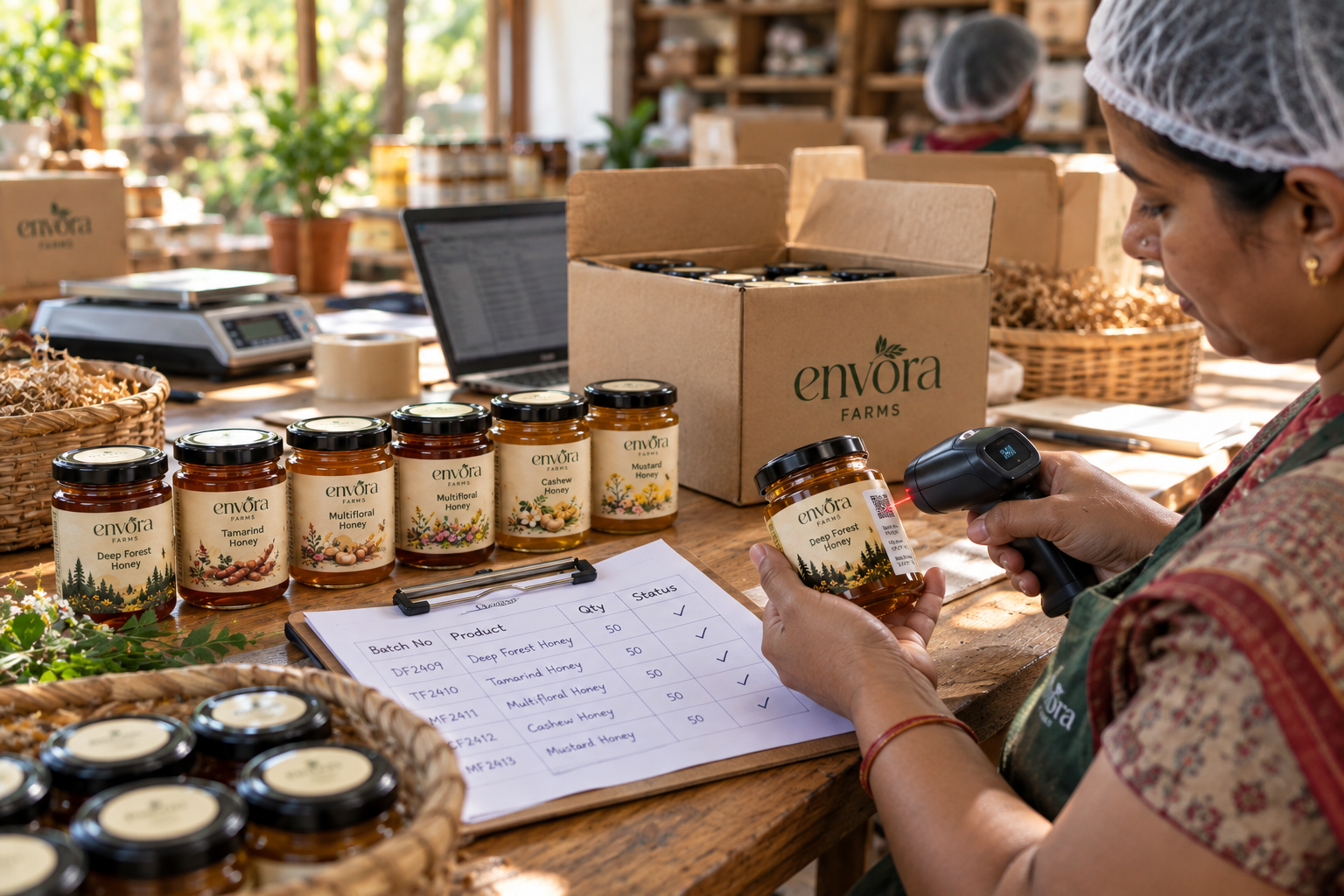 Envora Farms pouches with QR batch codes being scanned for dispatch